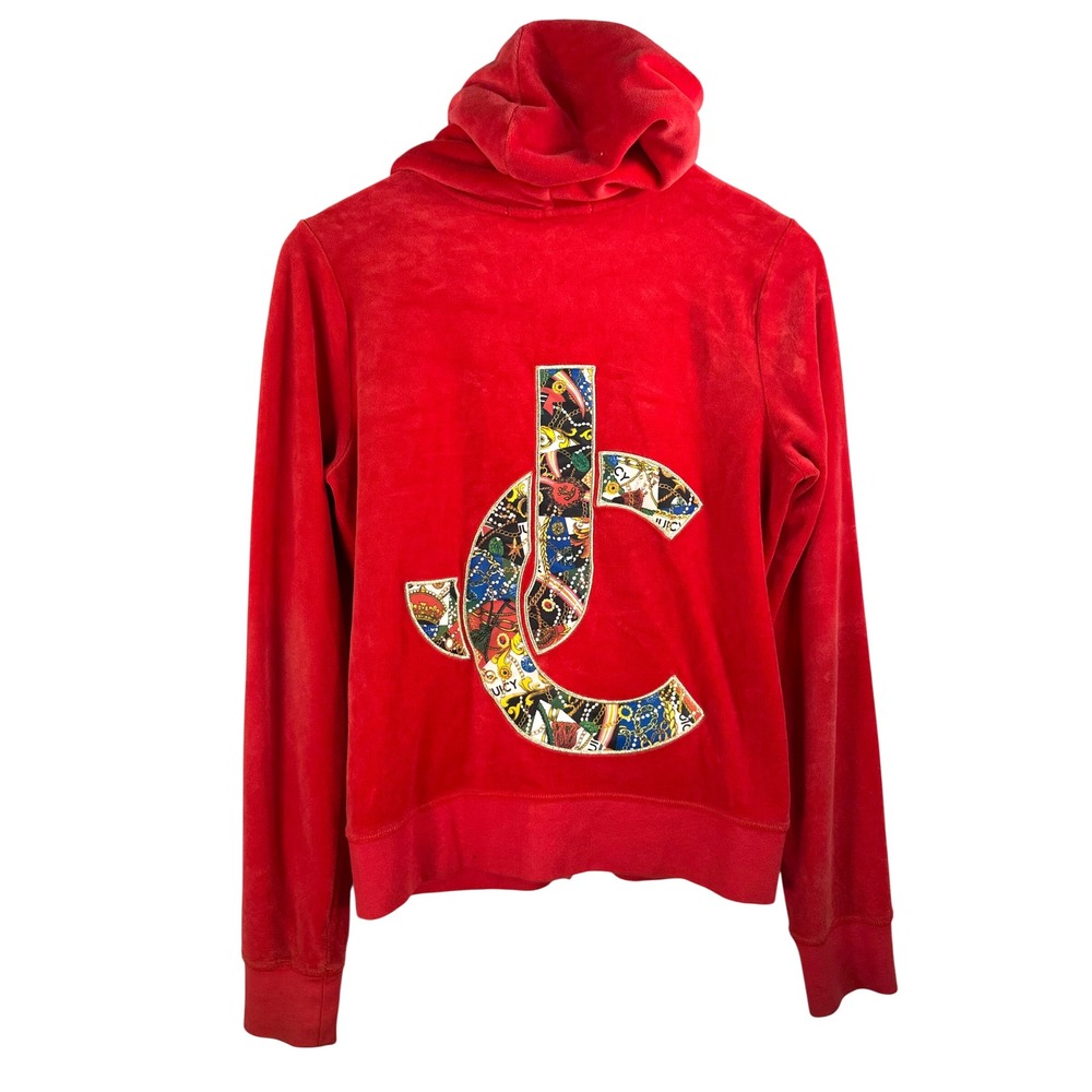 VTG Juicy Couture Zip Hoodie L Red Y2K Velour Monogram Graphic